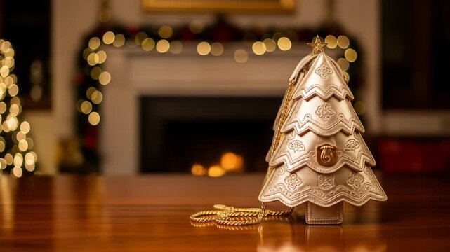 A small white Christmas tree figurine with a gold string beside it on a wooden table with a fireplace and another tree in the background