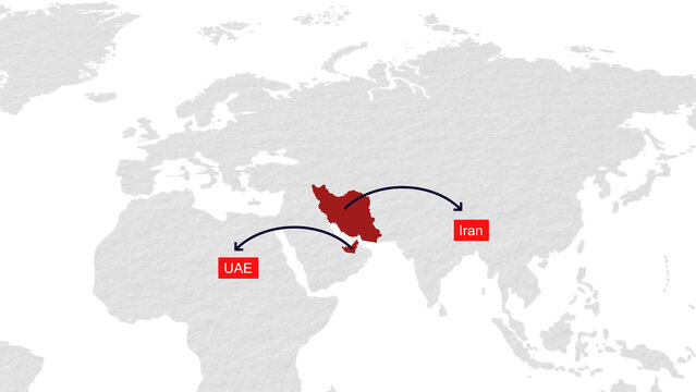 Iran and UAE map highlighted on world map 0101 digital illustration graphic visual image suitable for design projects presentations marketing material