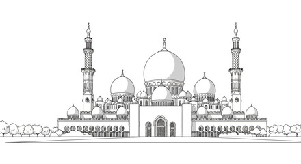 Vector illustration of a mosque with domes and minarets © MdAbdul