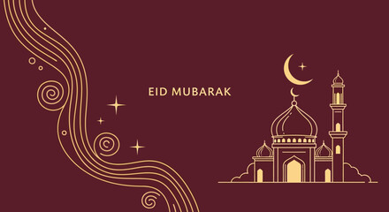Eid Mubarak vector illustration with mosque and crescent moon © MdAbdul