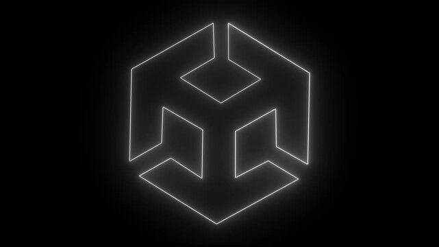 Neon unity icon animation on black background. BIM technology icon Ideal for building information modeling and architecture.  3d modeling, isometric cube with axes.