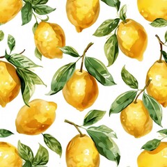 Obraz premium Watercolor lemon seamless pattern with leaves on white background