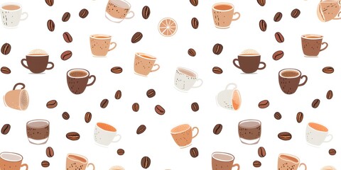 Obraz premium Coffee cups and beans pattern on white background
