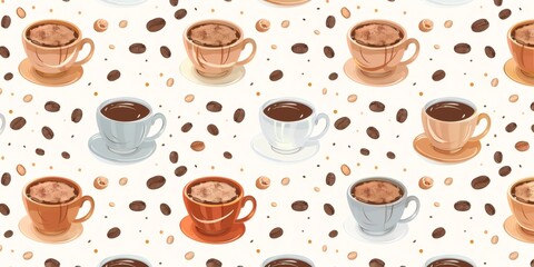 Coffee cups and beans seamless pattern background