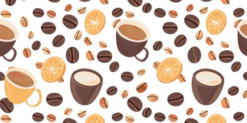 Obraz premium Coffee beans citrus slice and beverage cups seamless pattern