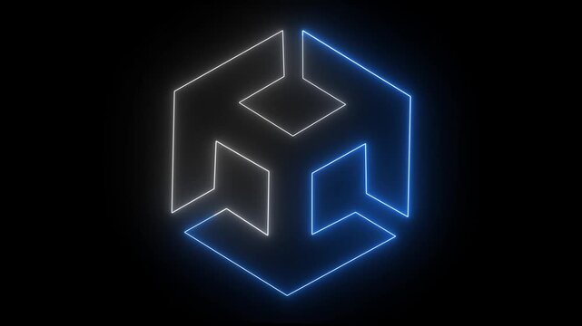 Neon unity icon animation on black background. BIM technology icon Ideal for building information modeling and architecture.  3d modeling, isometric cube with axes.