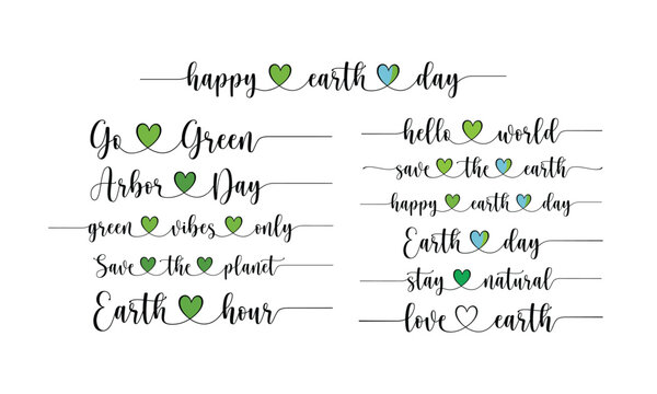 Earth Day phrase Continuous one line calligraphy collection minimalistic handwritten set with heart symbol on white background