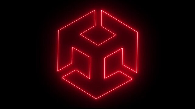 Neon unity icon animation on black background. BIM technology icon Ideal for building information modeling and architecture.  3d modeling, isometric cube with axes.