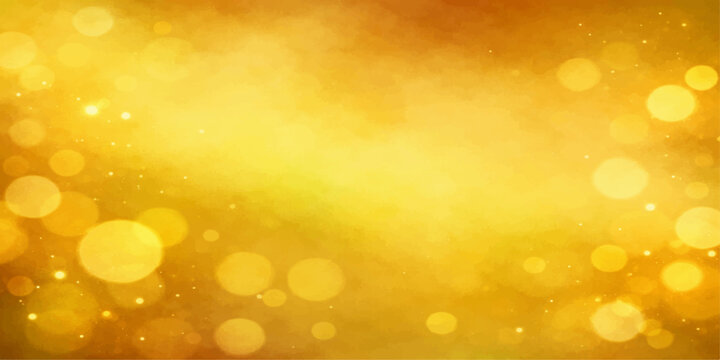 An abstract golden bokeh background features a bright and shiny festive texture filled with glowing light particles and a defocused holiday glitter pattern