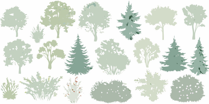 Collection of stylized trees and bushes in muted green tones