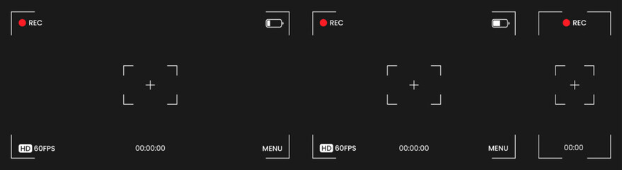 Security viewfinder camera overlay set. Isolated white camera screen interface frame collection on black background. Surveillance webcam, TV or phone empty camera focus footage. Vector illustration.