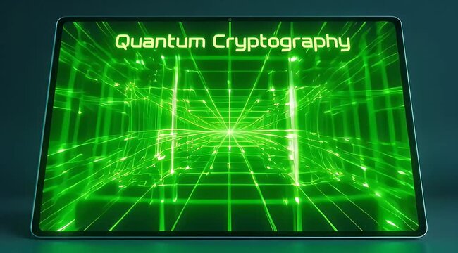 A tablet displaying an abstract representation of quantum cryptography with bright green lines