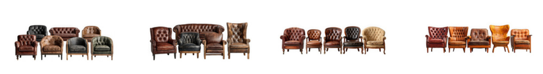 Fototapeta premium Collection of vintage leather armchairs and sofas with classic upholstery isolated on transparent background