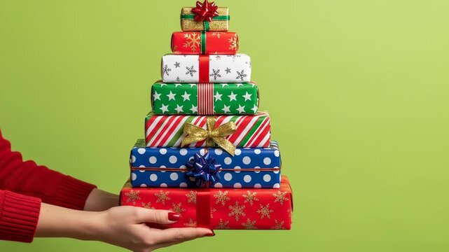 A woman's hand holds a stack of colorful wrapped gifts forming a triangular Christmas tree