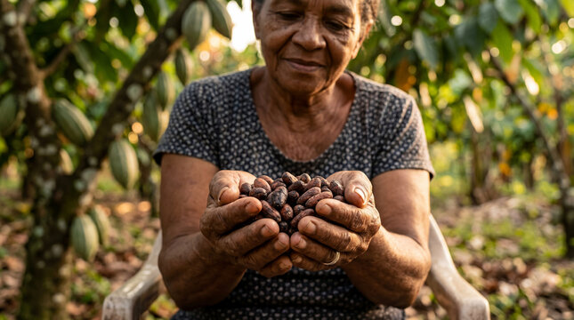 Close Up Of Elderly Hands Holding Organic Raw Cocoa Beans