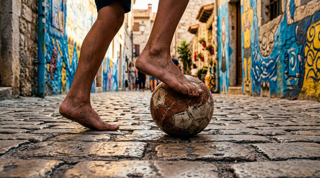 Bare Feet Dribbling Soccer Ball on Sunny Urban Cobblestone Alley