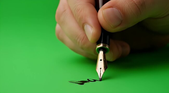 Person writing with a fountain pen on a vibrant green background