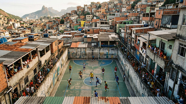 High Angle 35mm Shot of Soccer Match in Favela Quadra