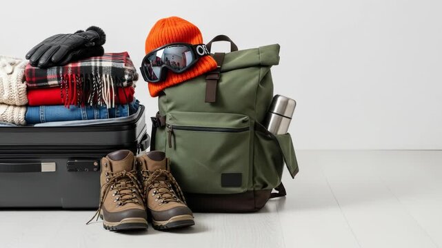 A neatly arranged stack of clothing and outdoor gear, including a backpack, boots, and hat
