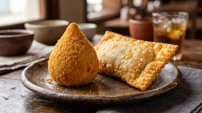 Traditional Brazilian Snacks Coxinha and Meat Pastel on Ceramic Plate