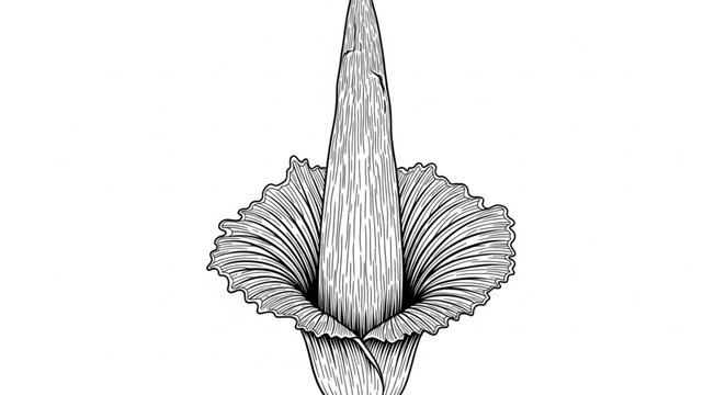 Detailed black and white illustration of a rare Amorphophallus titanum flower.