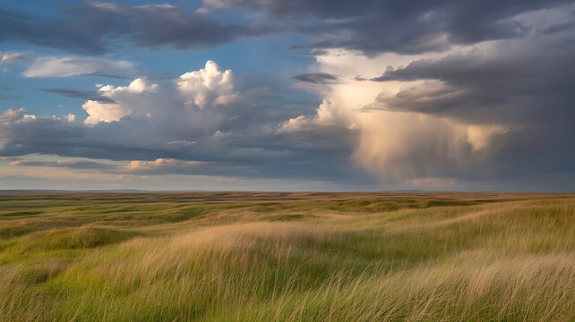 Dramatic storm clouds over rolling green hills and tall grass