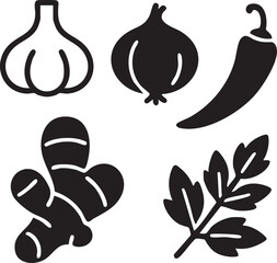 Kitchen Spices Silhouettes Set - Garlic Onion Chili Ginger Bay Leaf Icons Vector Isolated on White