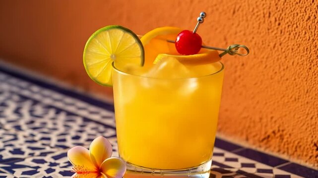A refreshing orange cocktail with ice, garnished with a cherry, orange slice, and lime wheel on a decorative table