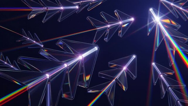 Glass fragments refract light beams creating colorful spectrum in dark space