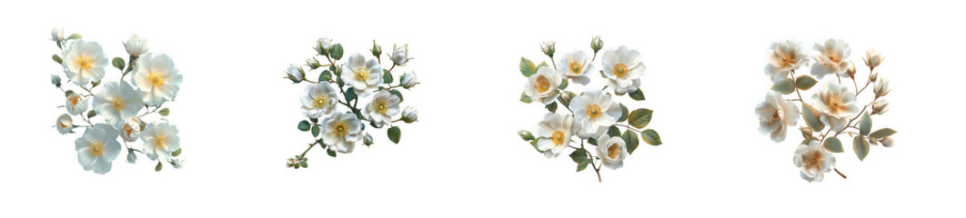 Beautiful White Rose Flowers with Green Leaves  isolated on transparent background