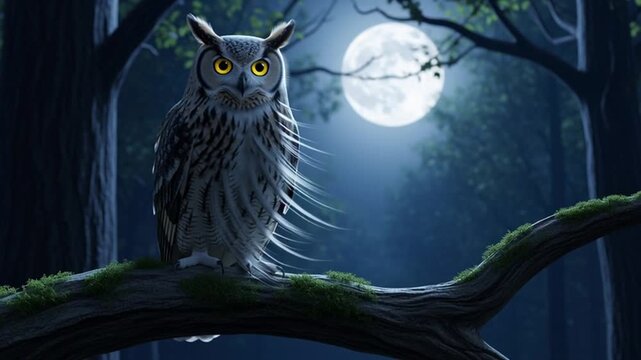 An owl perches on a mossy branch in a moonlit forest at night.