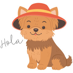 Cute yorkshire terrier dog wearing sombrero hat English translation for Hola is Hello © katerynalim