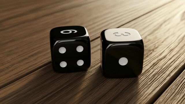 A close-up of two black dice with white dots on a wooden surface