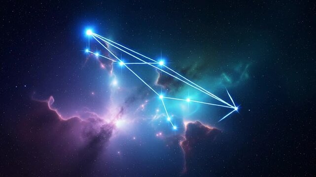 Astronomers observe a bright blue constellation shining in the night sky with stars and clouds.