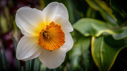 Fototapeta premium Close-Up of White Daffodil with Orange Center