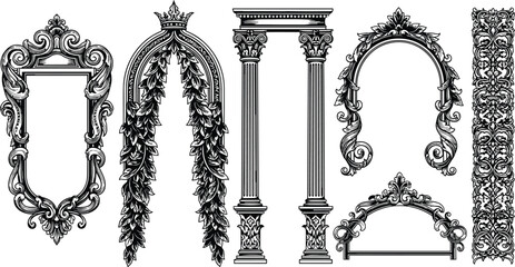 Ornate architectural frame and column silhouette set, vintage decorative scrollwork floral motif classical artwork illustration © Fenshi