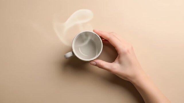 A fair-skinned hand grasping an empty white ceramic cup with rising steam