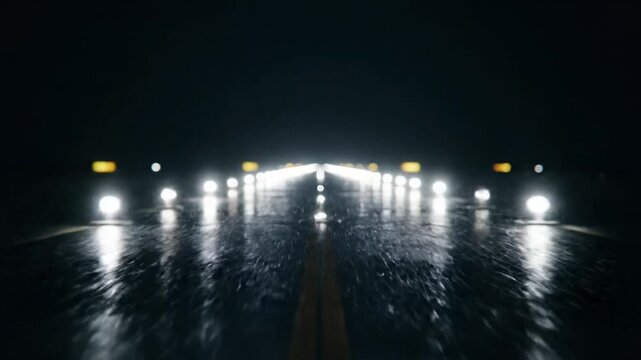 Nighttime runway perspective with illuminated lights and reflective surface