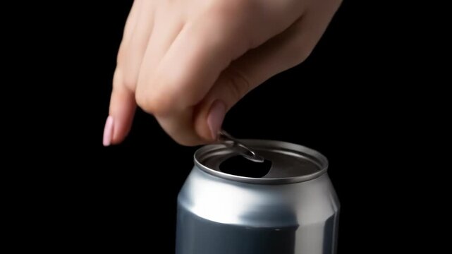 A hand opening a silver soda can with a black background