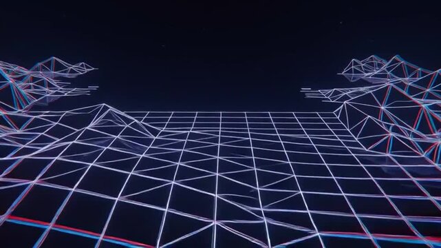 Neon-lit grid displays arrows and lines in a futuristic digital landscape at night.