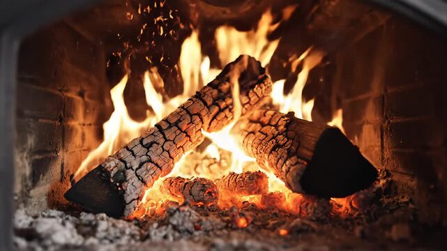 Cozy Wood Burning Stove with Crackling Fire and Open Doors.