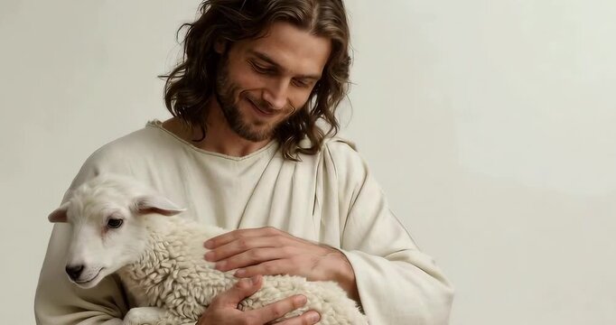 Concept Easter, Lent, Jesus Christ holding and gently petting a white lamb against a light background, cinematic slow motion footage.