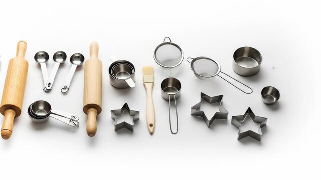 Baking utensils and tools arranged horizontally on a plain white background