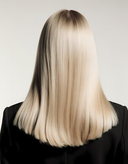 Naklejka premium In a sleek, minimalistic space, a person with long, straight blonde hair stands confidently, exuding elegance and modern chic Generative AI