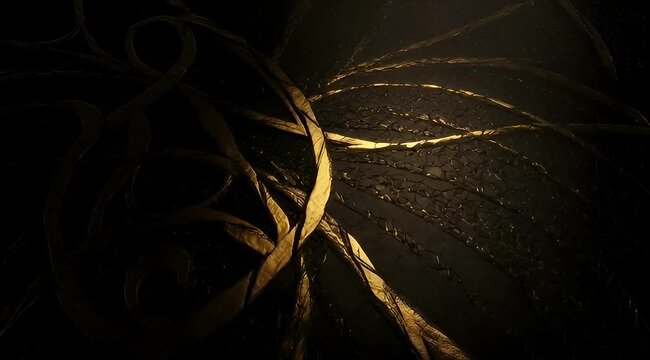 Abstract interwoven golden ribbons with subtle textures in a dark shadowy setting