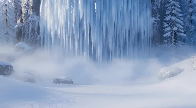 A mesmerizing winter landscape featuring towering icicles, snowcovered ground, and a misty ambiance