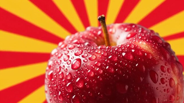 Close up of a juicy red apple covered in water droplets against a vibrant yellow and red background.