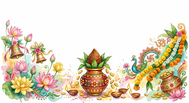 Indian traditional festive concept design with decorative frame, kalash pot, and gold coins on a decorative background.
