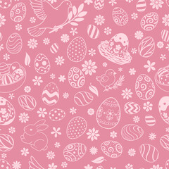 Easter seamless pattern with white eggs, bunnies, birds, flowers on pink background, perfect for holiday designs and decorations.