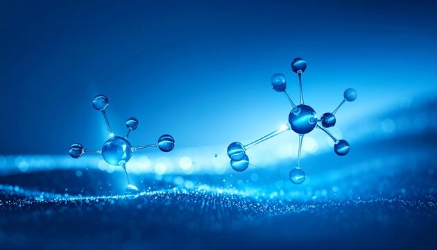 Digital illustration of molecular structures and glowing DNA strands on blue background, interconnected spheres as atoms, double helix with luminous points, symbolizing genetics and biology.